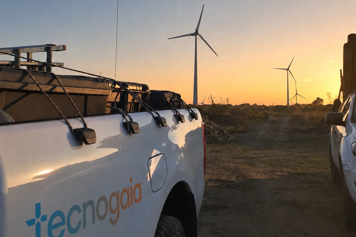 Pickup Tecnogaia davanti a due aerogeneratori, al tramonto