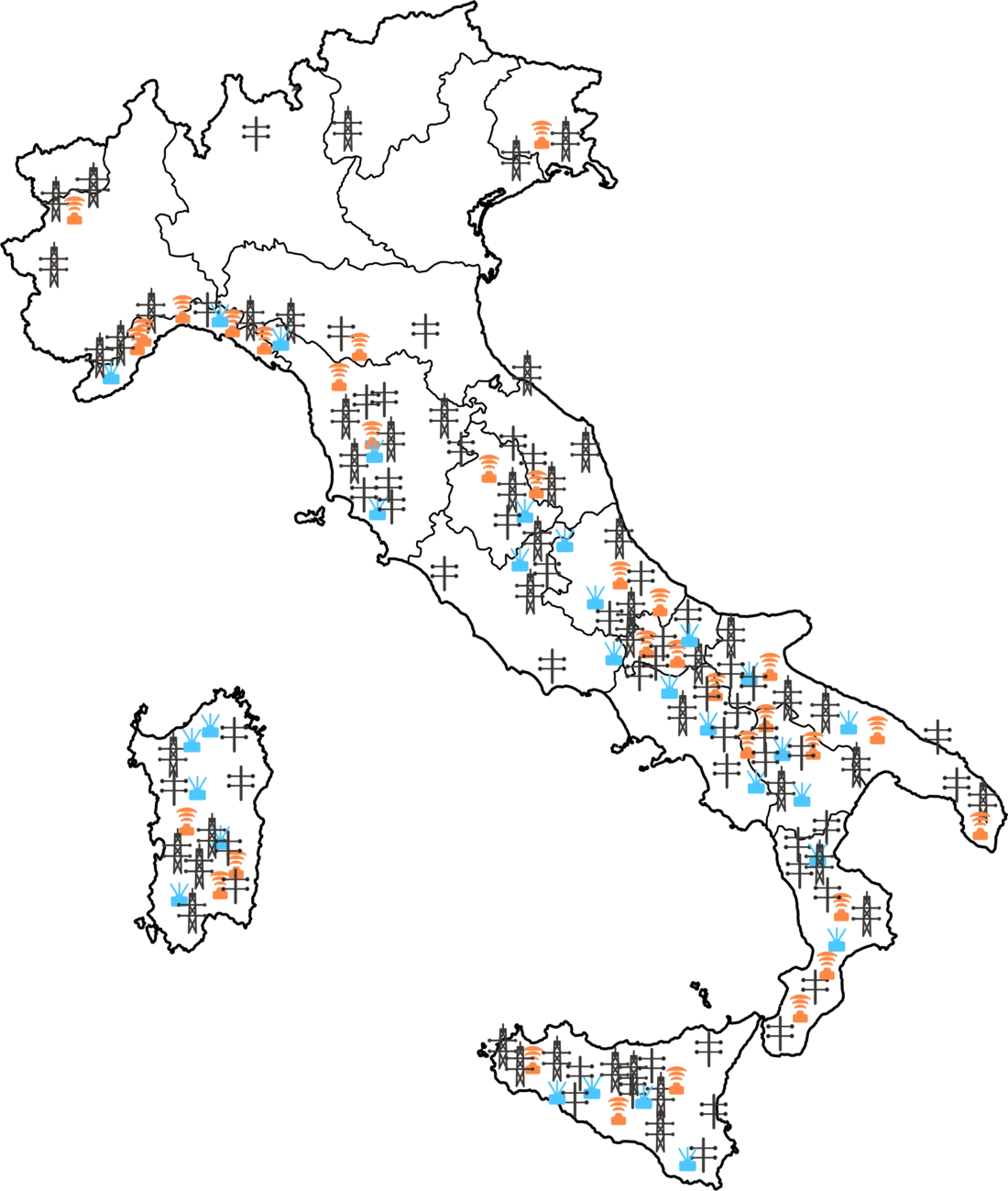 Mappa dell Italia con i punti delle stazioni anemometriche gestite da TecnoGaia